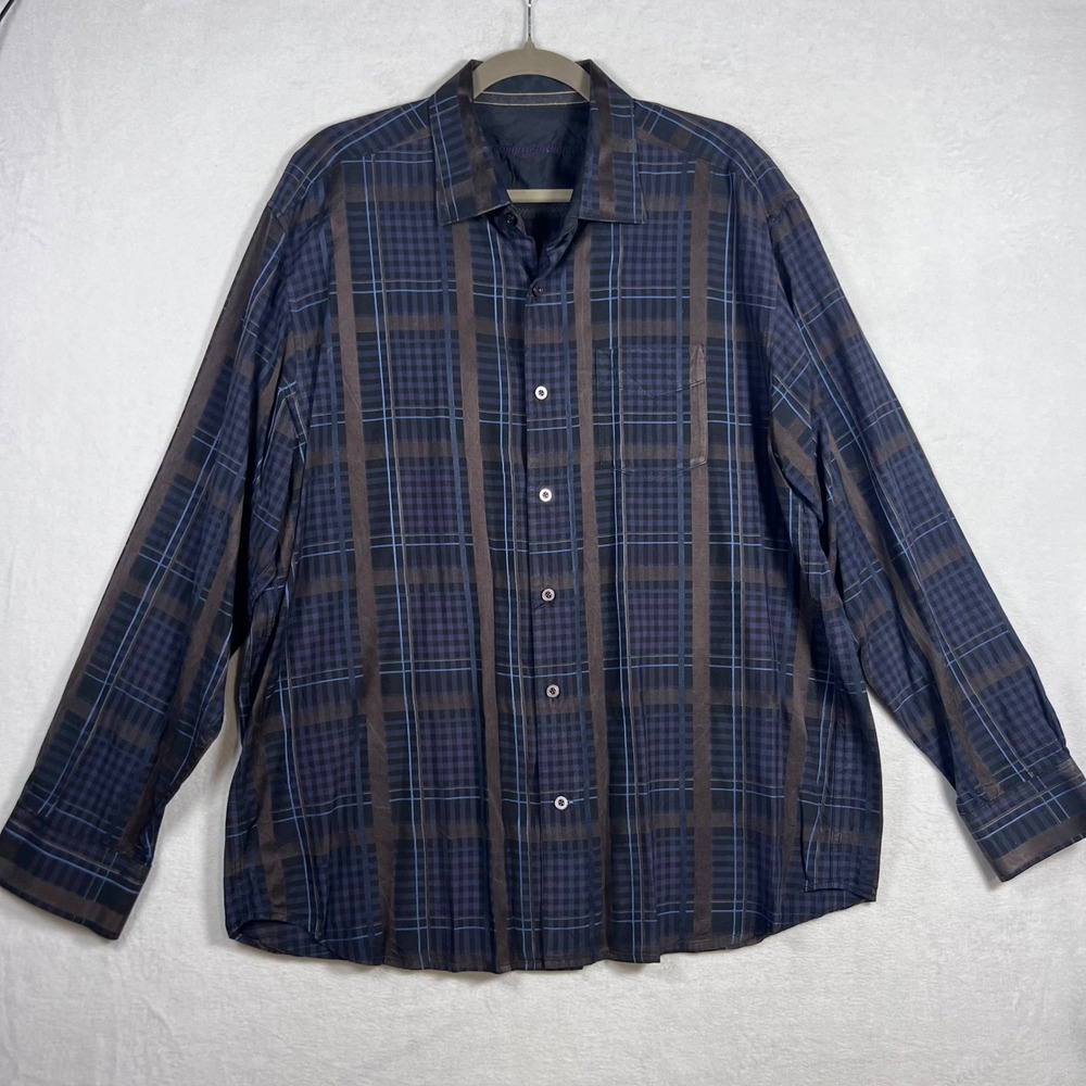 Tommy Bahama Mens XL Silk Long Sleeve Button Down Shirt Plaid Blue Brown Stripe
